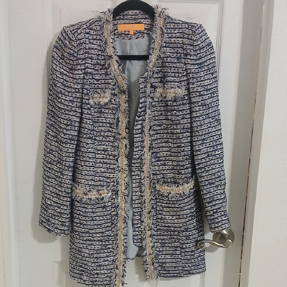 Blur and White Textured Blazer with Fringe Detailing